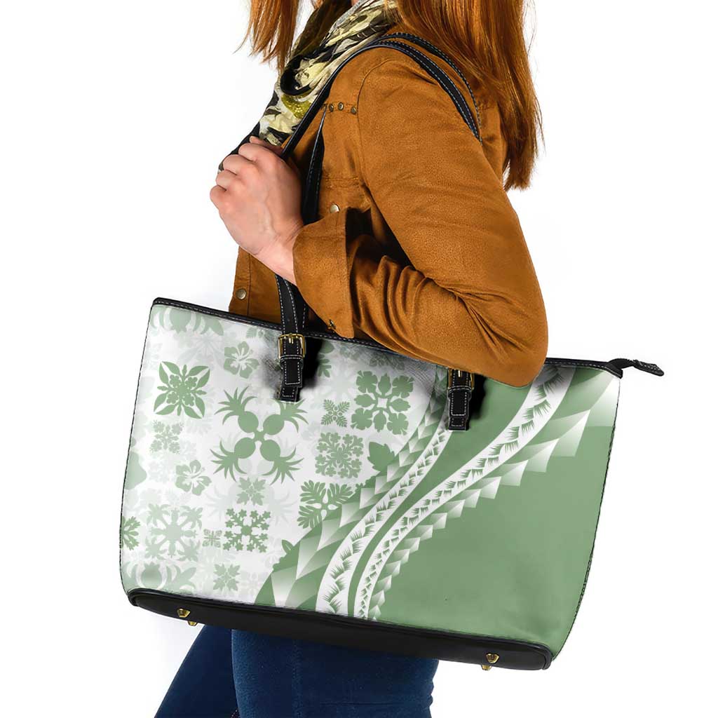 Green Hawaiian Quilt Pattern Leather Tote Bag Mixed Polynesian Tribal Arty