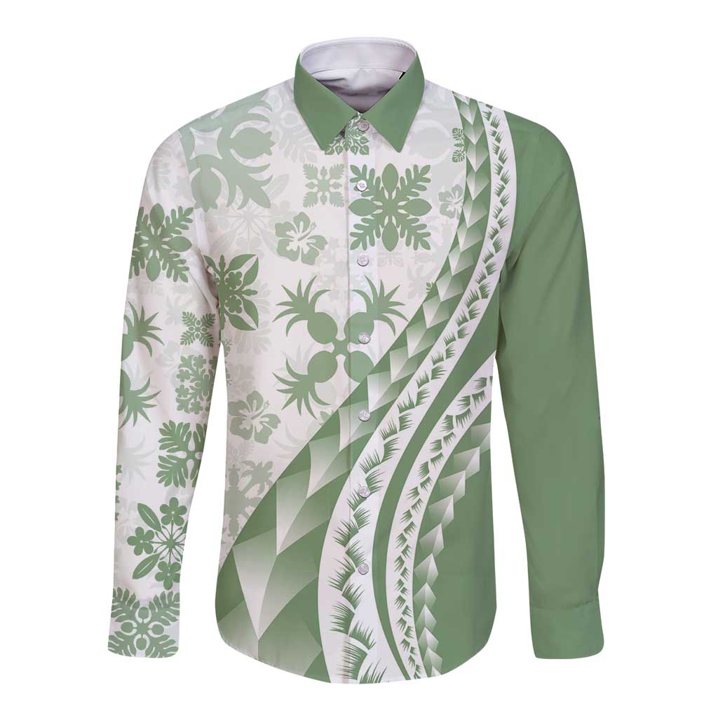 Green Hawaiian Quilt Pattern Long Sleeve Button Shirt Mixed Polynesian Tribal Arty LT9 Unisex Green - Polynesian Pride