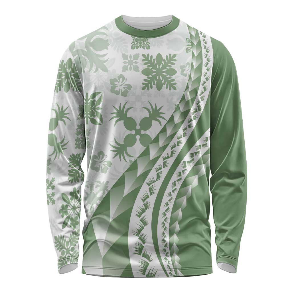Green Hawaiian Quilt Pattern Long Sleeve Shirt Mixed Polynesian Tribal Arty