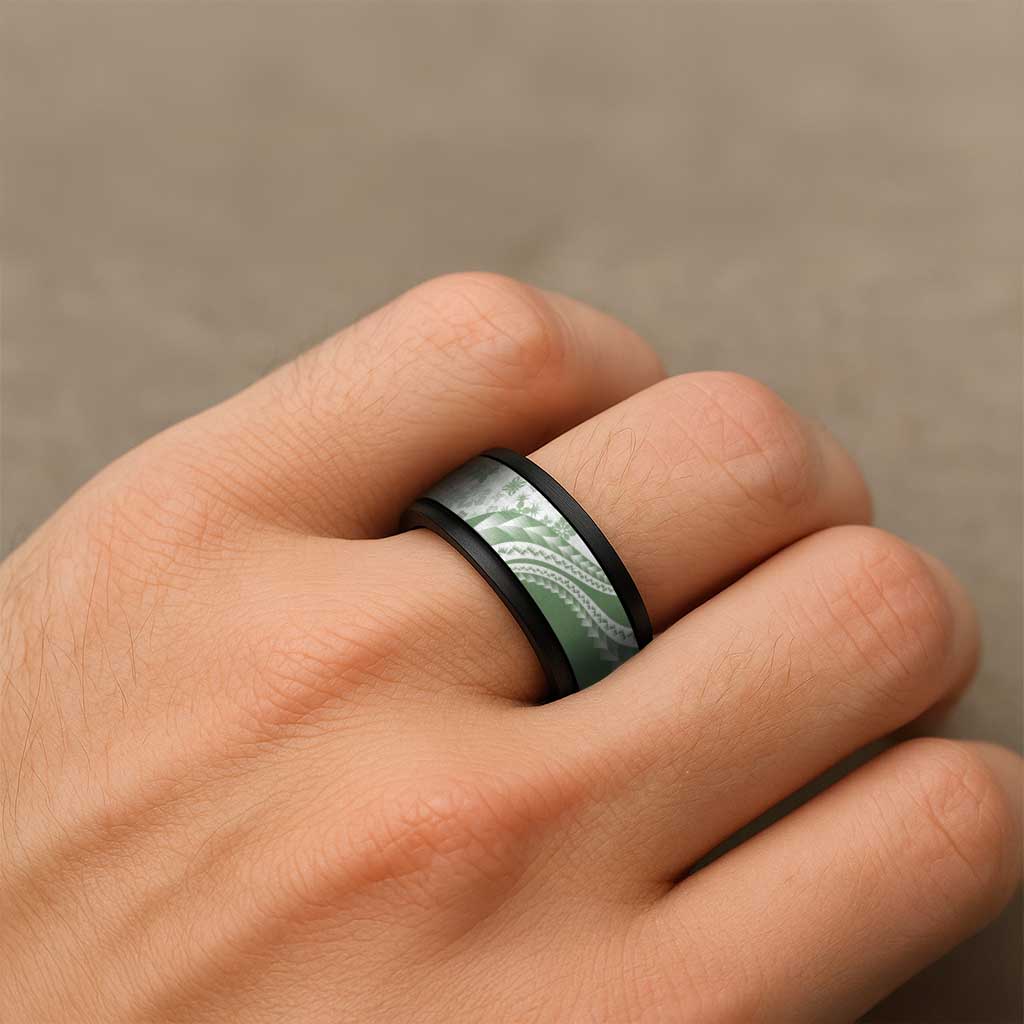 Green Hawaiian Quilt Pattern Spinner Ring Mixed Polynesian Tribal Arty - Polynesian Pride