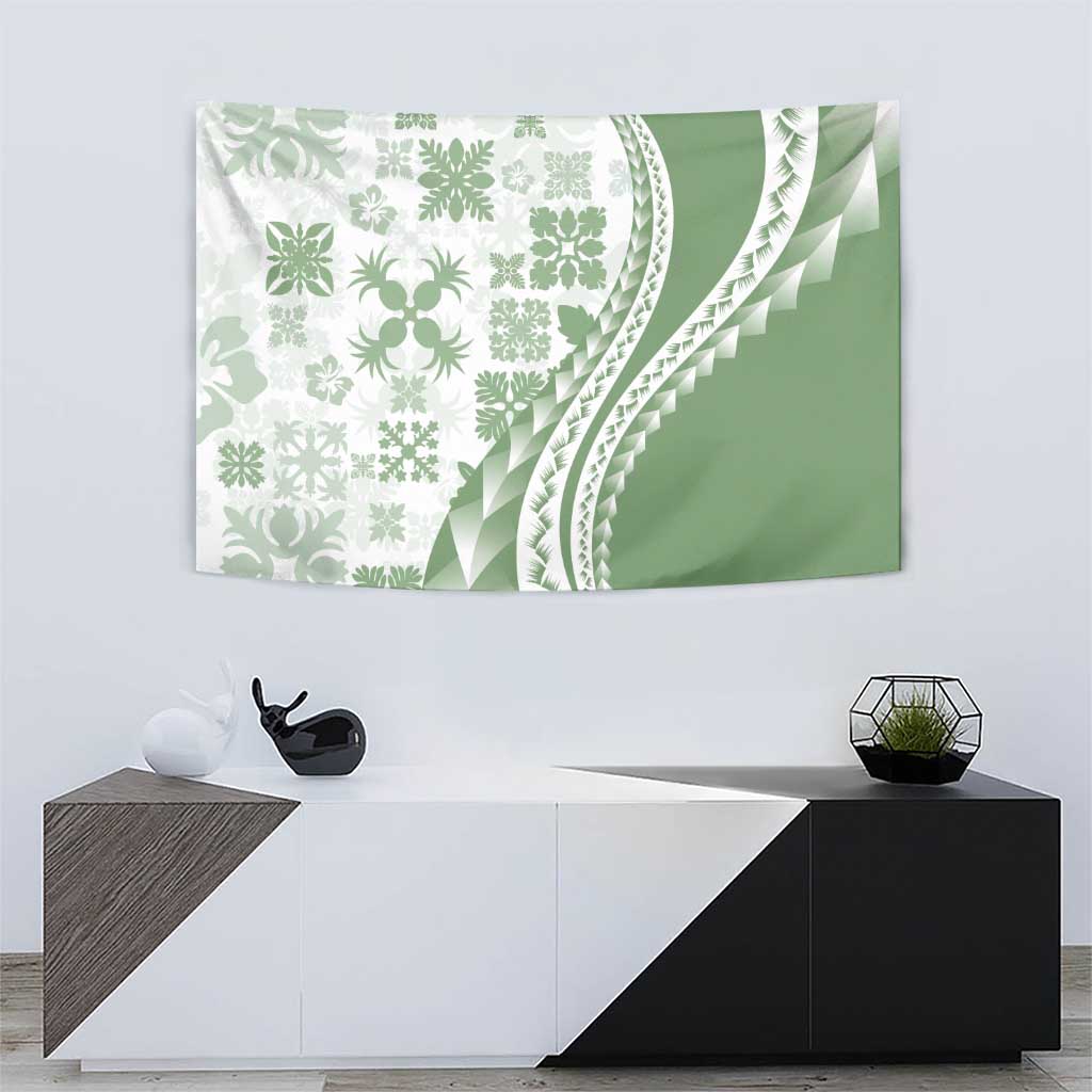 Green Hawaiian Quilt Pattern Tapestry Mixed Polynesian Tribal Arty