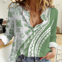 Green Hawaiian Quilt Pattern Women Casual Shirt Mixed Polynesian Tribal Arty LT9 Female Green - Polynesian Pride