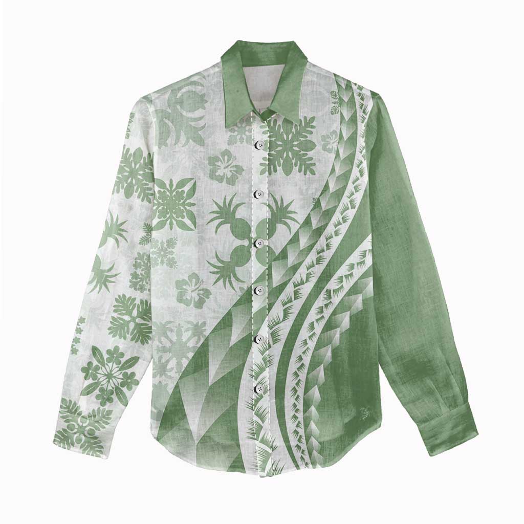 Green Hawaiian Quilt Pattern Women Casual Shirt Mixed Polynesian Tribal Arty LT9 - Polynesian Pride