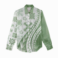 Green Hawaiian Quilt Pattern Women Casual Shirt Mixed Polynesian Tribal Arty LT9 - Polynesian Pride