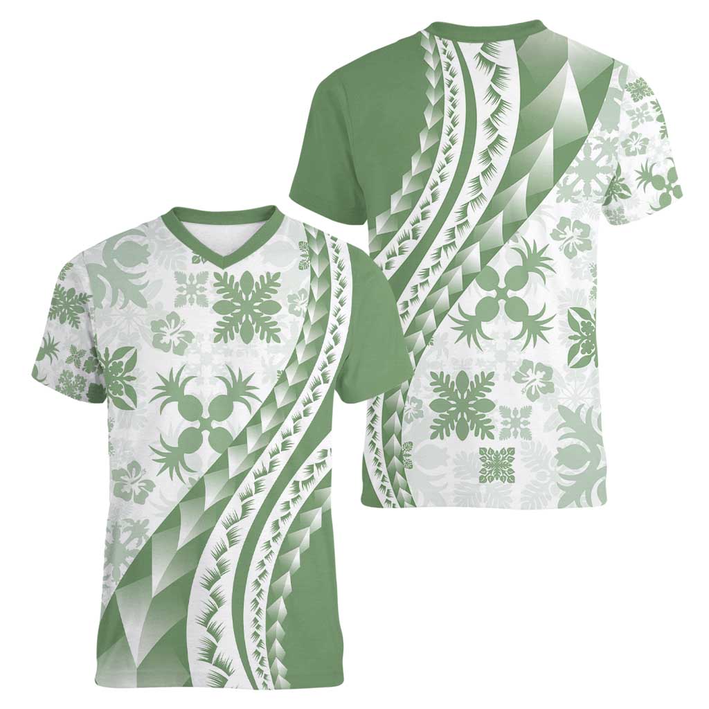 Green Hawaiian Quilt Pattern Women V-Neck T-Shirt Mixed Polynesian Tribal Arty
