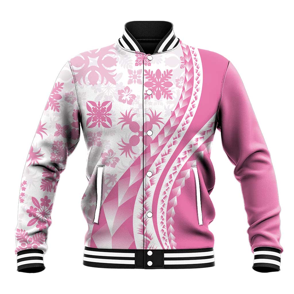 Pink Hawaiian Quilt Pattern Baseball Jacket Mixed Polynesian Tribal Arty