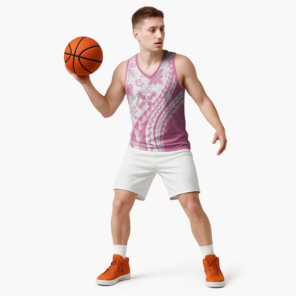 Pink Hawaiian Quilt Pattern Basketball Jersey Mixed Polynesian Tribal Arty - Polynesian Pride