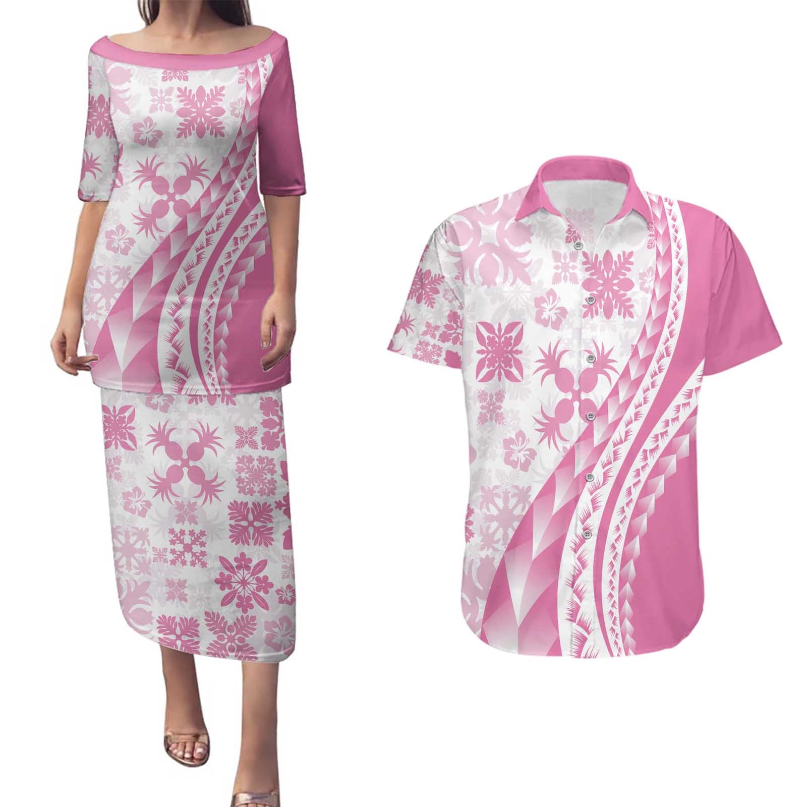 Pink Hawaiian Quilt Pattern Couples Matching Puletasi and Hawaiian Shirt Mixed Polynesian Tribal Arty LT9 Pink - Polynesian Pride