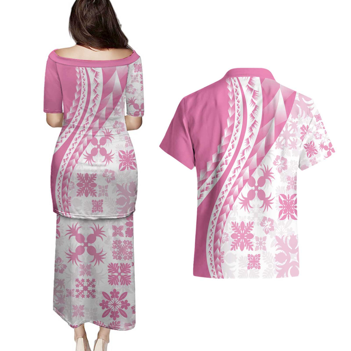 Pink Hawaiian Quilt Pattern Couples Matching Puletasi and Hawaiian Shirt Mixed Polynesian Tribal Arty LT9 - Polynesian Pride