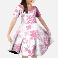 Pink Hawaiian Quilt Pattern Family Matching Long Sleeve Bodycon Dress and Hawaiian Shirt Mixed Polynesian Tribal Arty LT9 Daughter's Dress Pink - Polynesian Pride