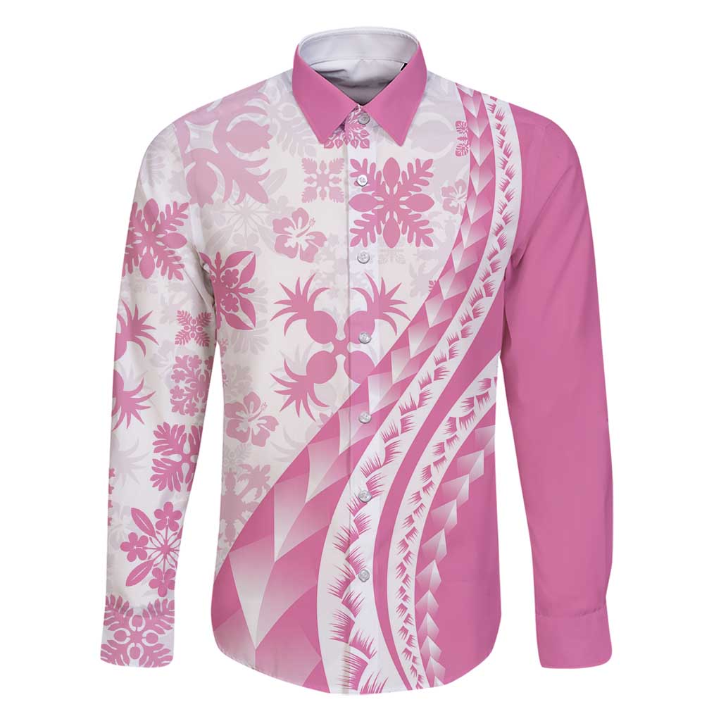Pink Hawaiian Quilt Pattern Family Matching Long Sleeve Bodycon Dress and Hawaiian Shirt Mixed Polynesian Tribal Arty LT9 Dad's Shirt - Long Sleeve Pink - Polynesian Pride