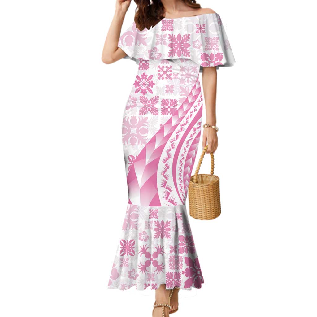 Pink Hawaiian Quilt Pattern Family Matching Mermaid Dress and Hawaiian Shirt Mixed Polynesian Tribal Arty