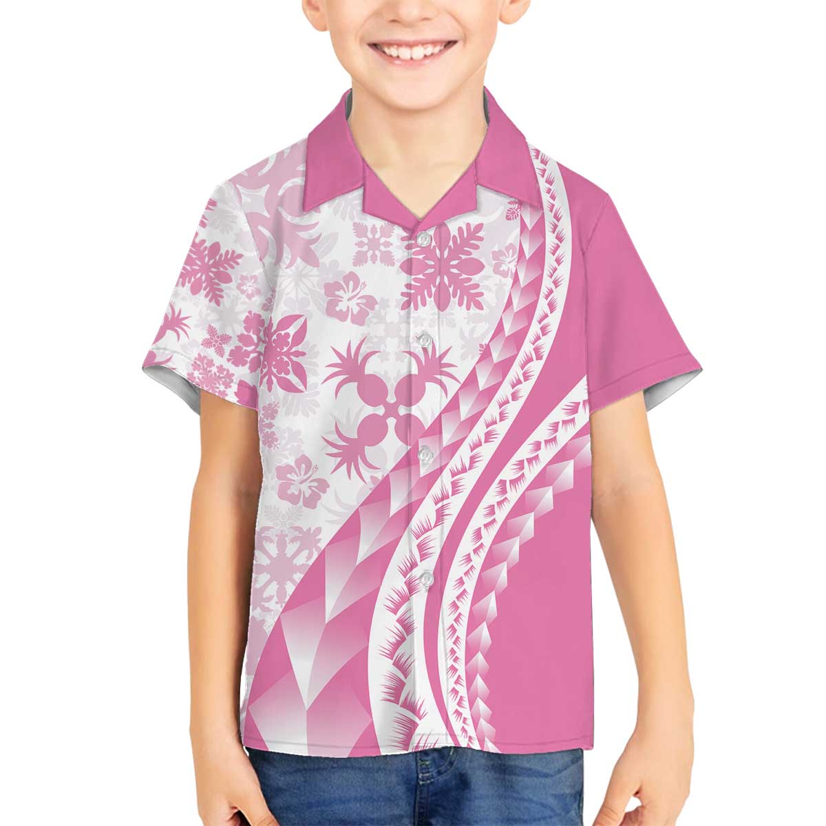 Pink Hawaiian Quilt Pattern Family Matching Off The Shoulder Long Sleeve Dress and Hawaiian Shirt Mixed Polynesian Tribal Arty LT9 Son's Shirt Pink - Polynesian Pride