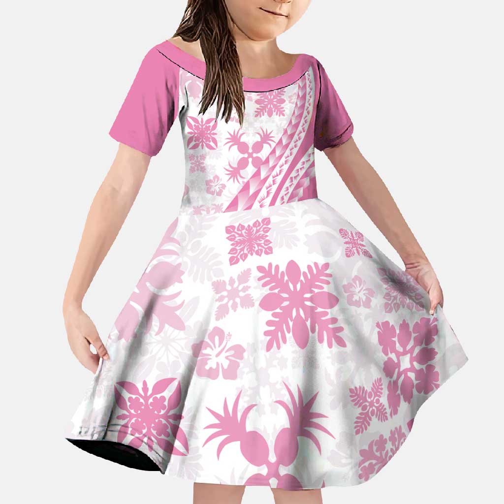 Pink Hawaiian Quilt Pattern Family Matching Off Shoulder Maxi Dress and Hawaiian Shirt Mixed Polynesian Tribal Arty