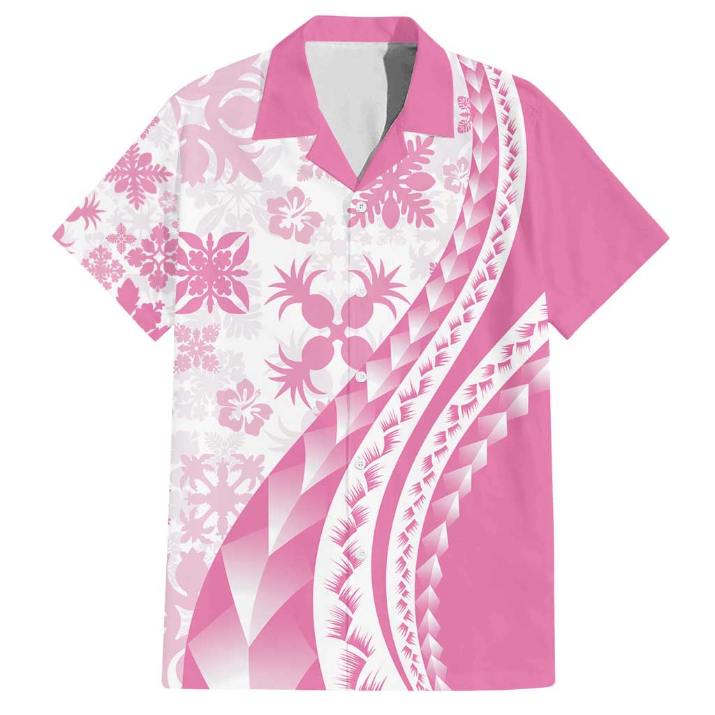 Pink Hawaiian Quilt Pattern Family Matching Off Shoulder Maxi Dress and Hawaiian Shirt Mixed Polynesian Tribal Arty