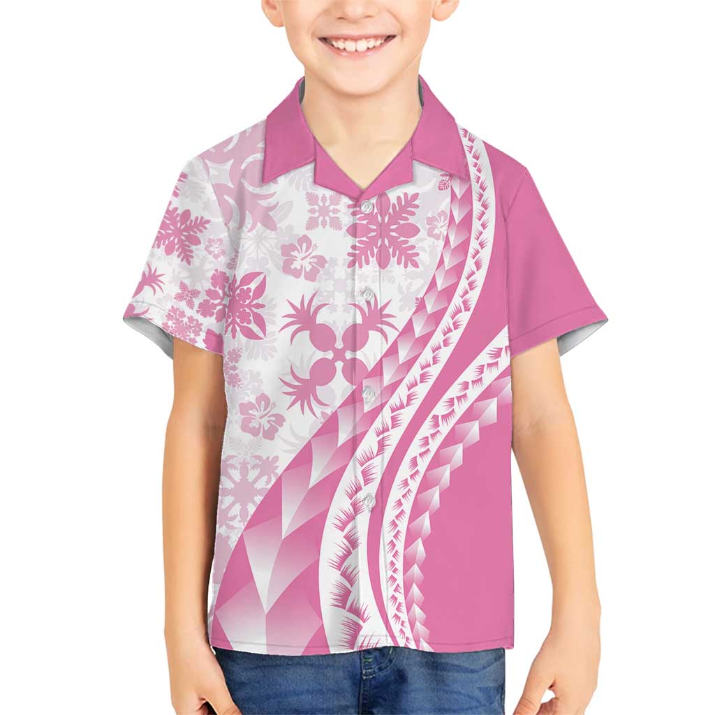 Pink Hawaiian Quilt Pattern Family Matching Off Shoulder Short Dress and Hawaiian Shirt Mixed Polynesian Tribal Arty