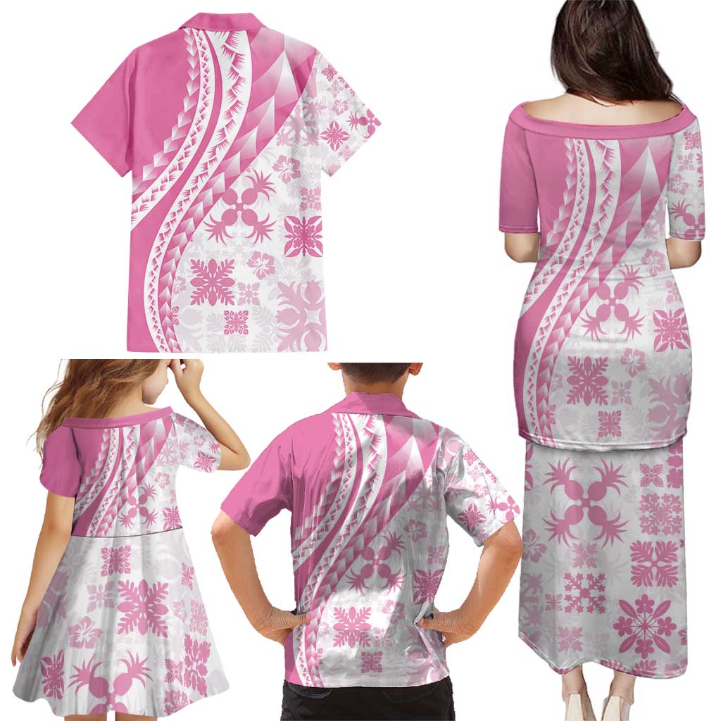 Pink Hawaiian Quilt Pattern Family Matching Puletasi and Hawaiian Shirt Mixed Polynesian Tribal Arty