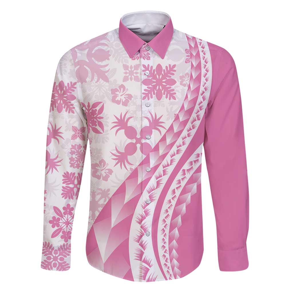 Pink Hawaiian Quilt Pattern Family Matching Puletasi and Hawaiian Shirt Mixed Polynesian Tribal Arty