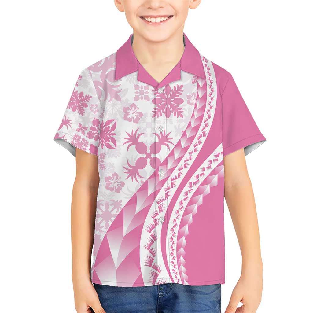 Pink Hawaiian Quilt Pattern Family Matching Short Sleeve Bodycon Dress and Hawaiian Shirt Mixed Polynesian Tribal Arty LT9 Son's Shirt Pink - Polynesian Pride