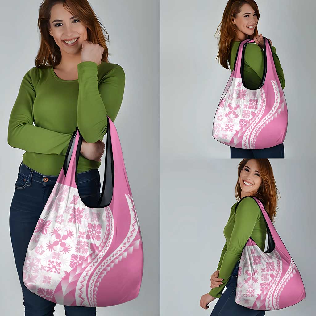 Pink Hawaiian Quilt Pattern Grocery Bag Mixed Polynesian Tribal Arty