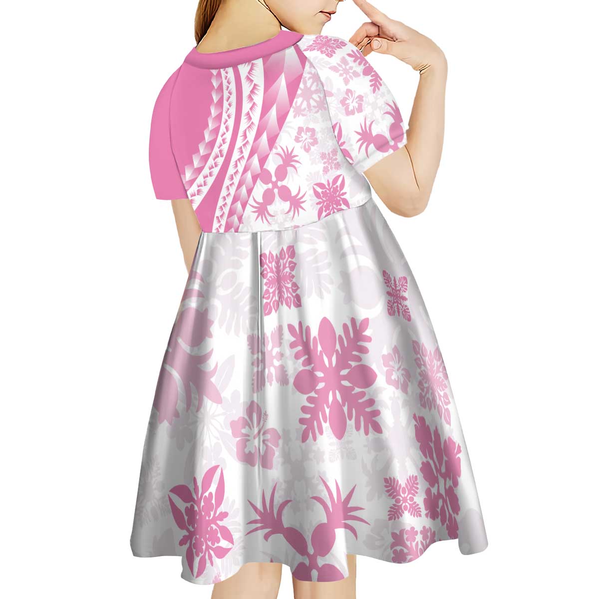 Pink Hawaiian Quilt Pattern Kid Short Sleeve Dress Mixed Polynesian Tribal Arty