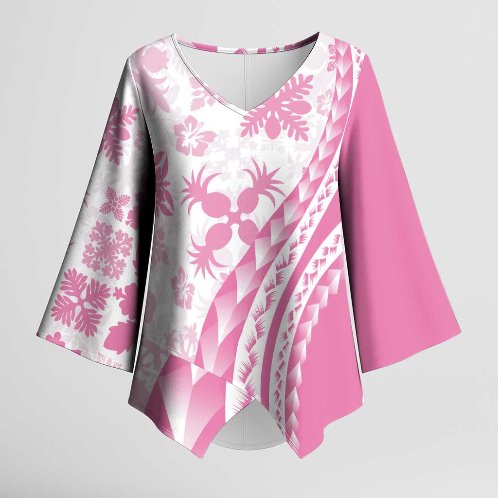 Pink Hawaiian Quilt Pattern Kimono Sleeve Blouse Mixed Polynesian Tribal Arty LT9 Female Pink - Polynesian Pride
