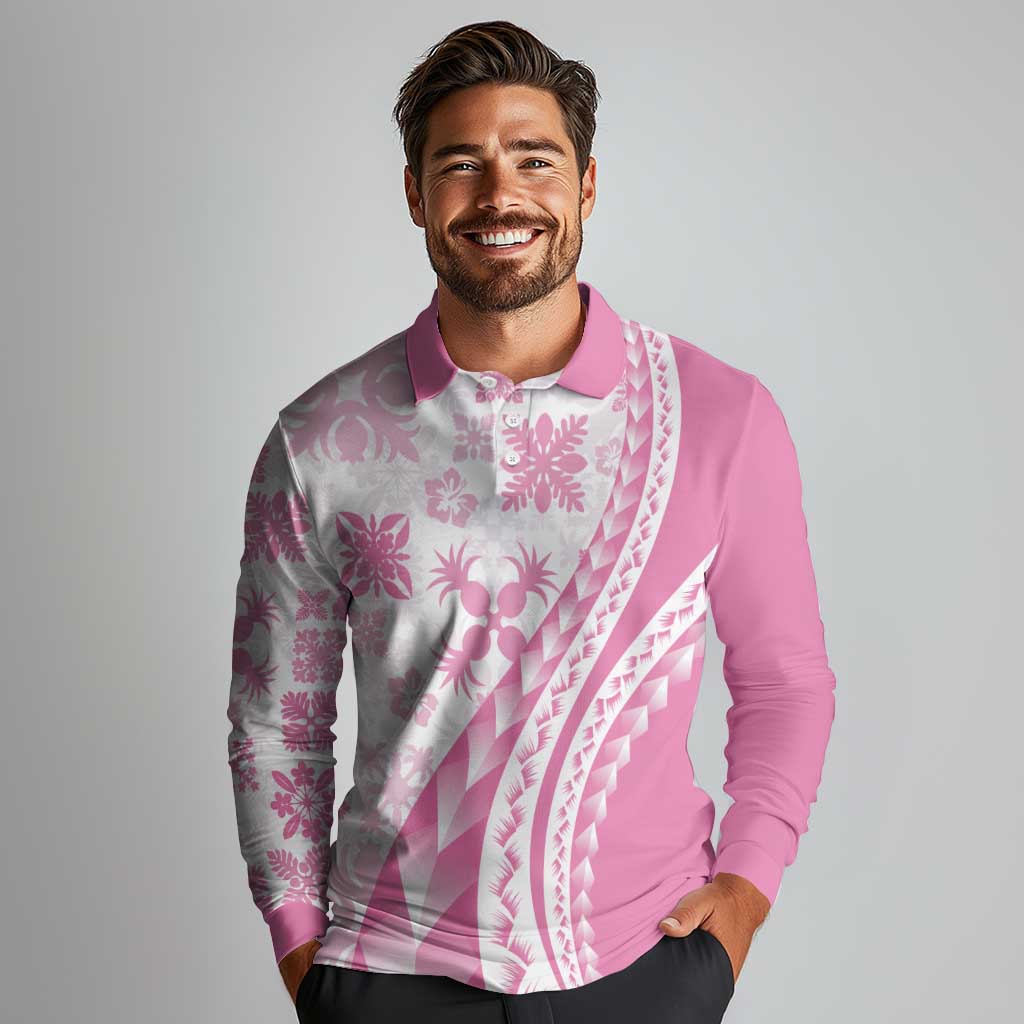 Pink Hawaiian Quilt Pattern Long Sleeve Polo Shirt Mixed Polynesian Tribal Arty