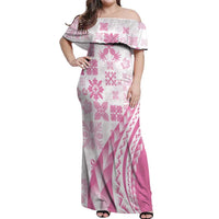 Pink Hawaiian Quilt Pattern Off Shoulder Maxi Dress Mixed Polynesian Tribal Arty