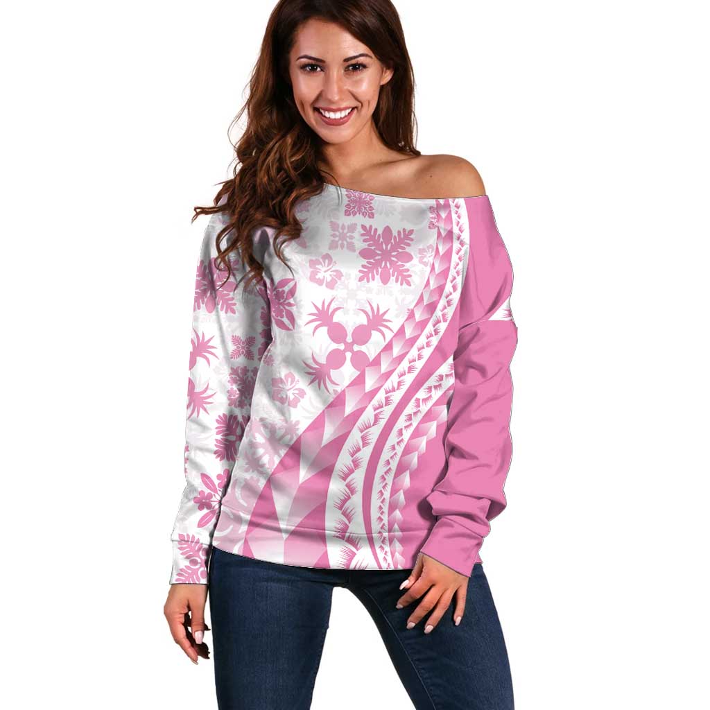 Pink Hawaiian Quilt Pattern Off Shoulder Sweater Mixed Polynesian Tribal Arty