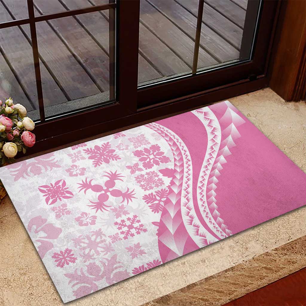 Pink Hawaiian Quilt Pattern Rubber Doormat Mixed Polynesian Tribal Arty