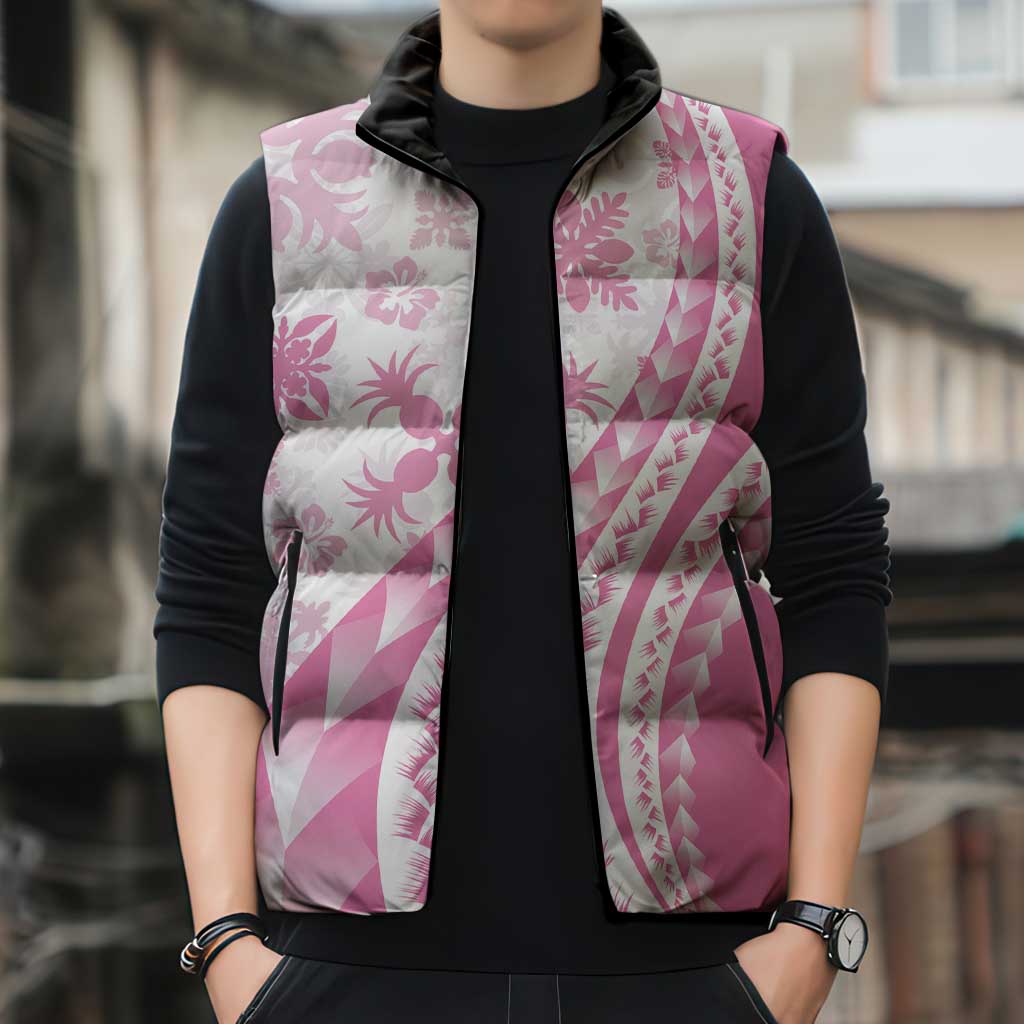 Pink Hawaiian Quilt Pattern Sleeveless Puffer Jacket Mixed Polynesian Tribal Arty - Polynesian Pride