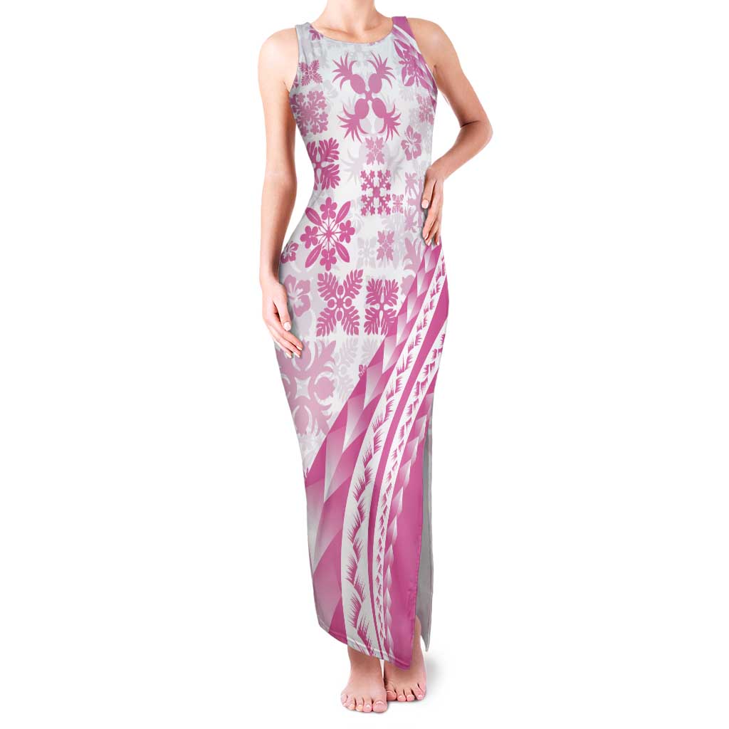 Pink Hawaiian Quilt Pattern Tank Maxi Dress Mixed Polynesian Tribal Arty