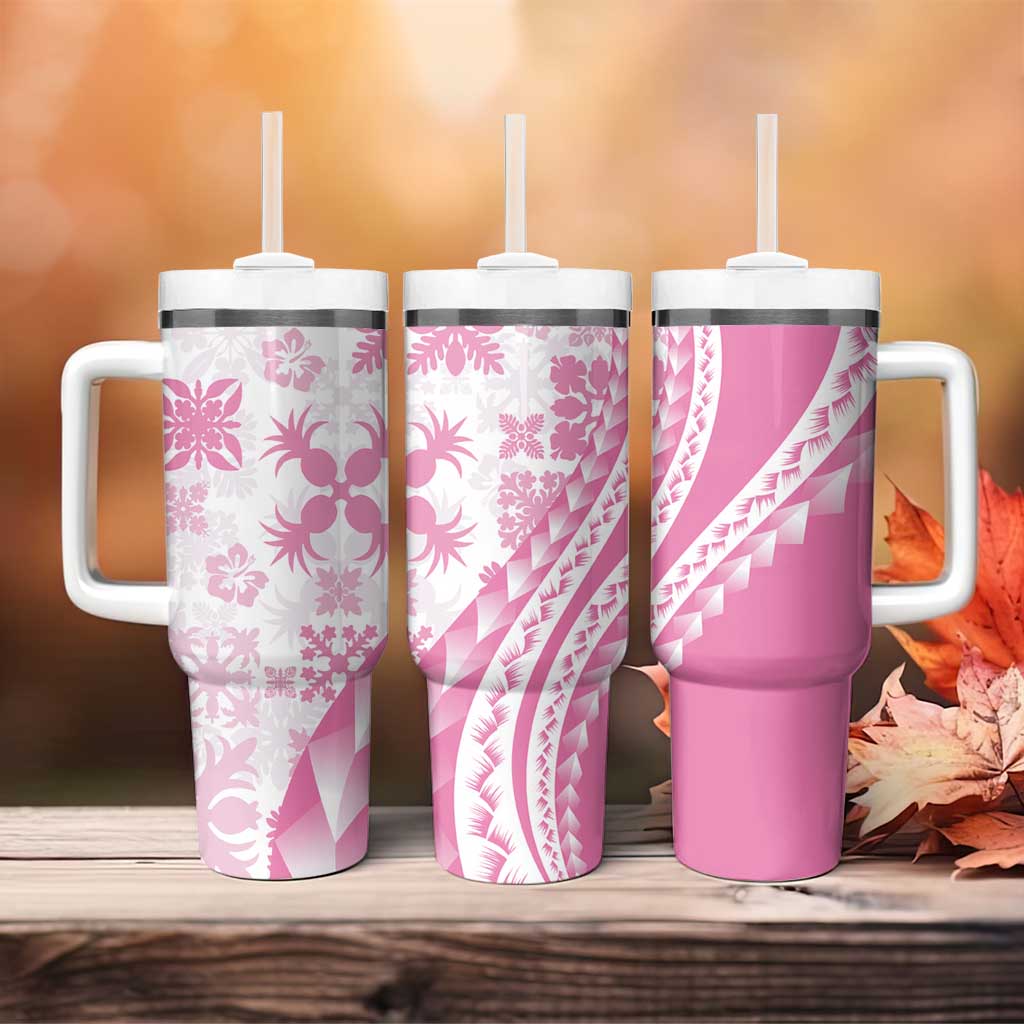 Pink Hawaiian Quilt Pattern Tumbler With Handle Mixed Polynesian Tribal Arty