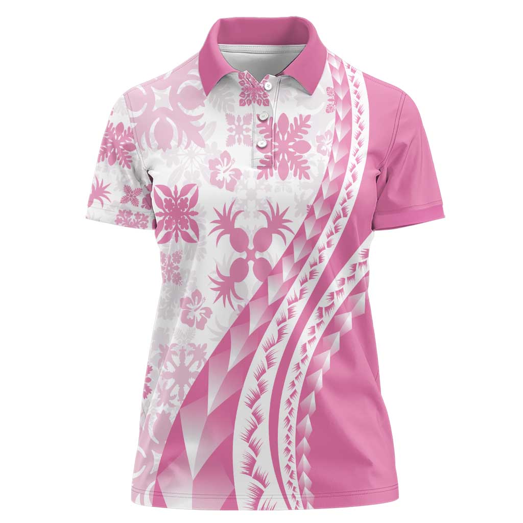 Pink Hawaiian Quilt Pattern Women Polo Shirt Mixed Polynesian Tribal Arty