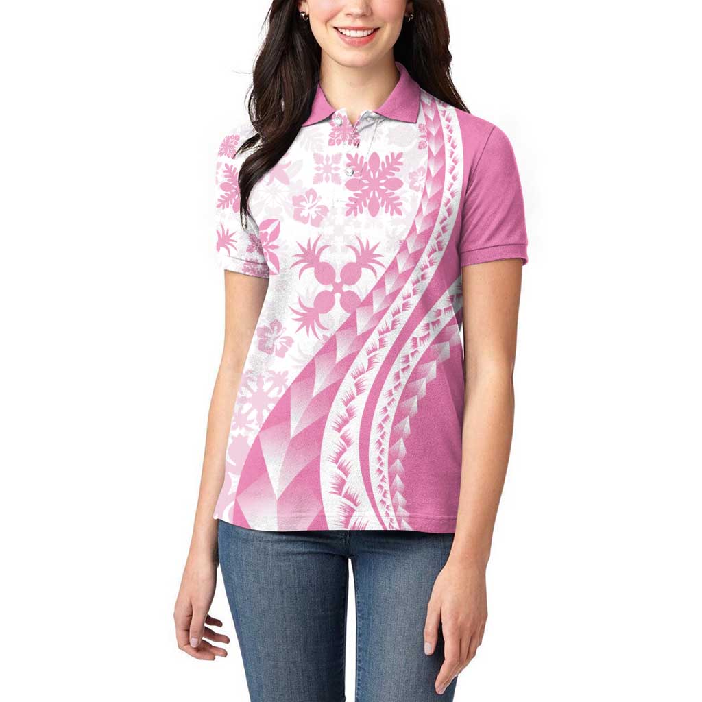 Pink Hawaiian Quilt Pattern Women Polo Shirt Mixed Polynesian Tribal Arty