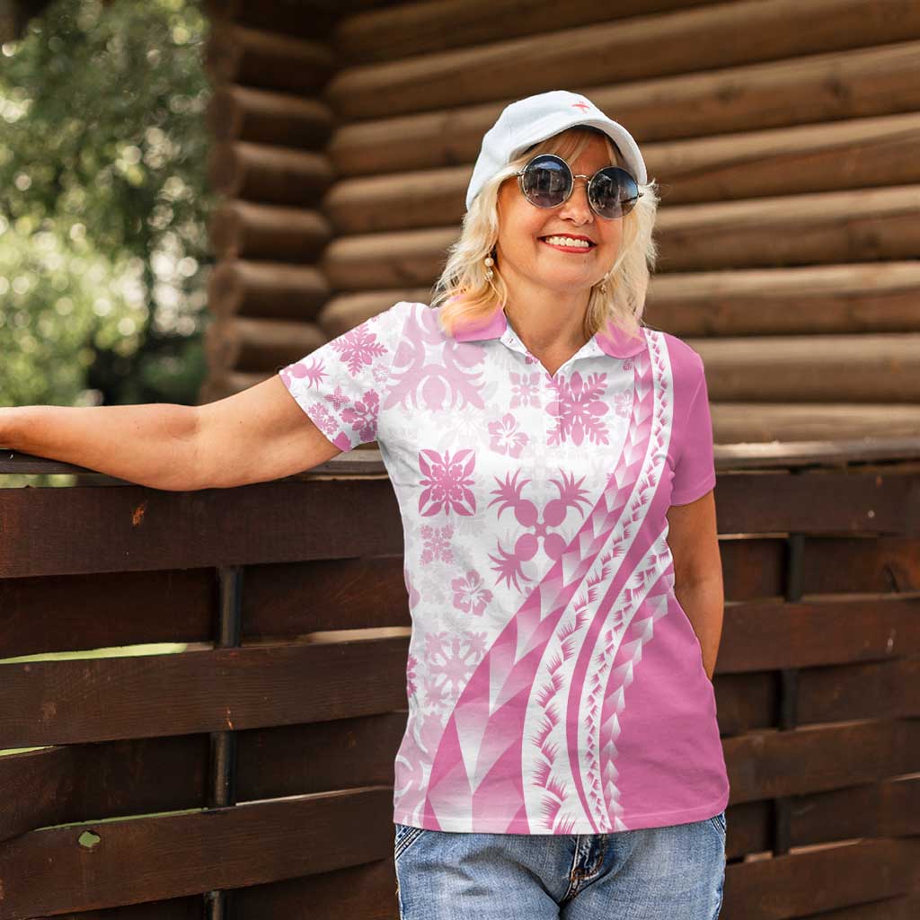 Pink Hawaiian Quilt Pattern Women Polo Shirt Mixed Polynesian Tribal Arty