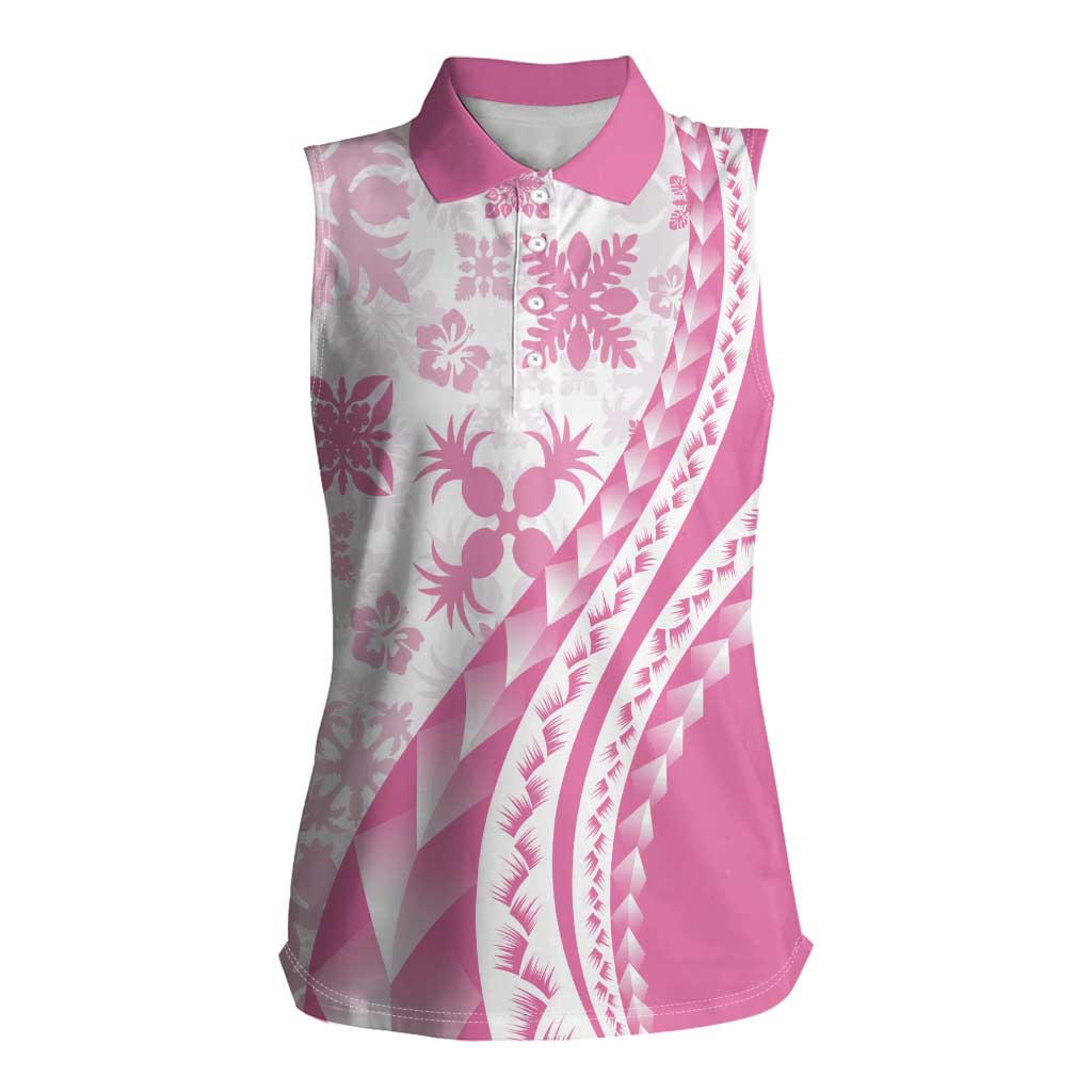 Pink Hawaiian Quilt Pattern Women Sleeveless Polo Shirt Mixed Polynesian Tribal Arty LT9 Female Pink - Polynesian Pride