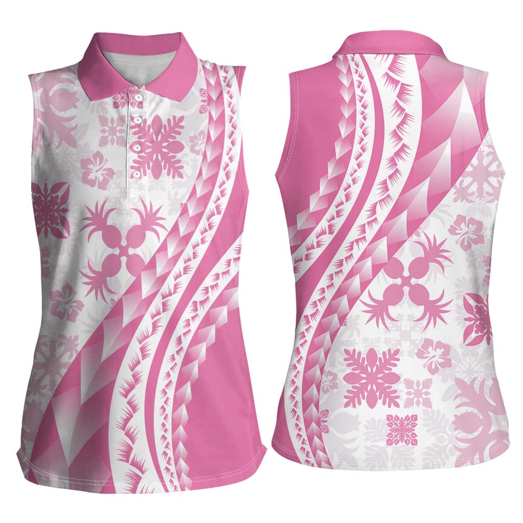 Pink Hawaiian Quilt Pattern Women Sleeveless Polo Shirt Mixed Polynesian Tribal Arty LT9 - Polynesian Pride