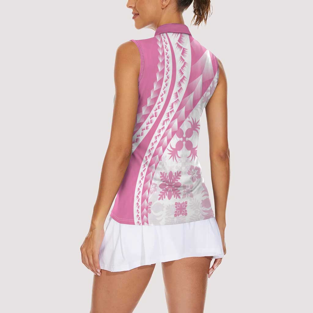 Pink Hawaiian Quilt Pattern Women Sleeveless Polo Shirt Mixed Polynesian Tribal Arty LT9 - Polynesian Pride