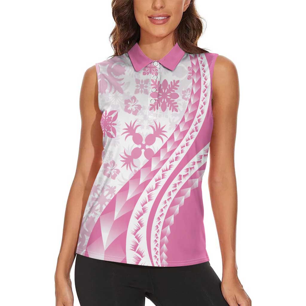 Pink Hawaiian Quilt Pattern Women Sleeveless Polo Shirt Mixed Polynesian Tribal Arty LT9 - Polynesian Pride