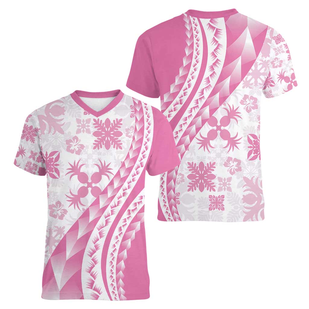Pink Hawaiian Quilt Pattern Women V-Neck T-Shirt Mixed Polynesian Tribal Arty