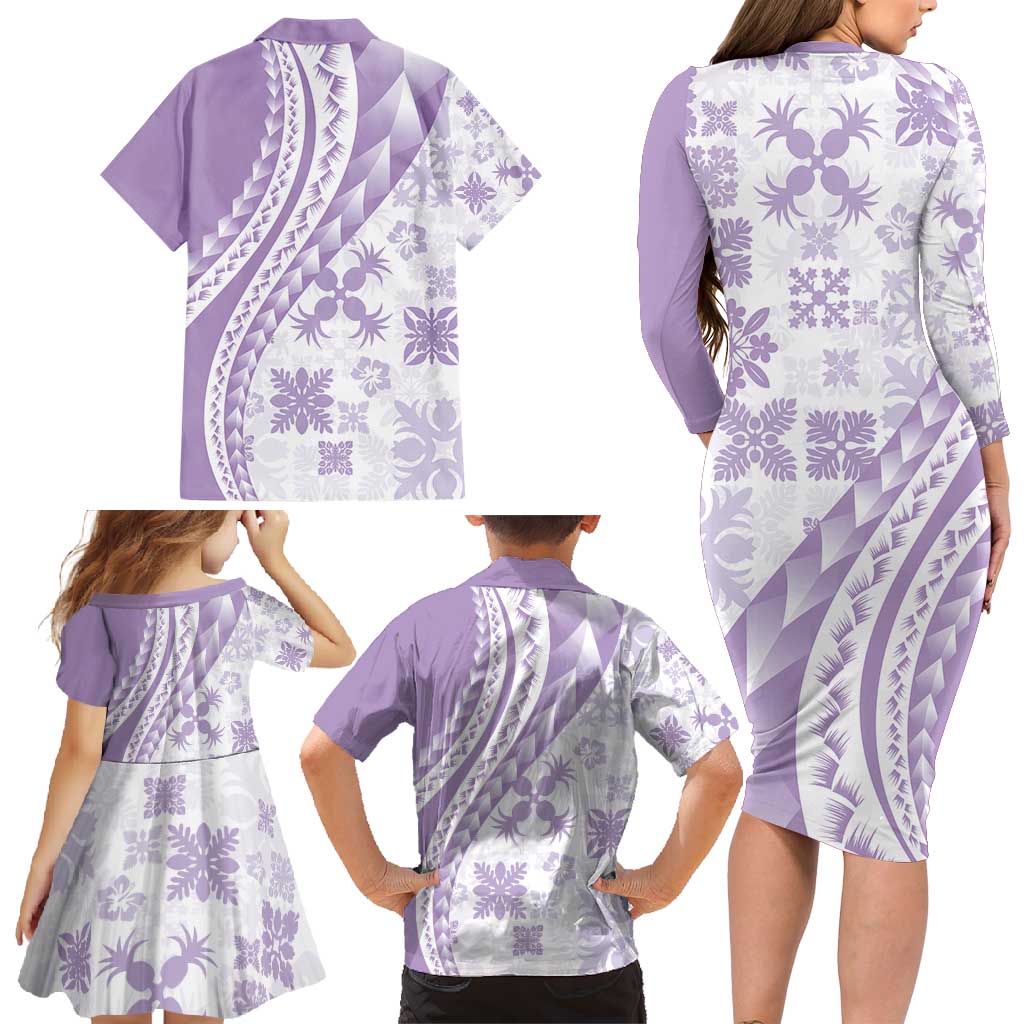 Purple Hawaiian Quilt Pattern Family Matching Long Sleeve Bodycon Dress and Hawaiian Shirt Mixed Polynesian Tribal Arty LT9 - Polynesian Pride