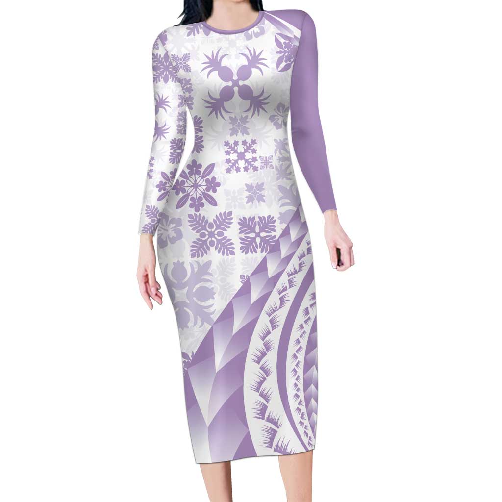 Purple Hawaiian Quilt Pattern Family Matching Long Sleeve Bodycon Dress and Hawaiian Shirt Mixed Polynesian Tribal Arty LT9 Mom's Dress Purple - Polynesian Pride