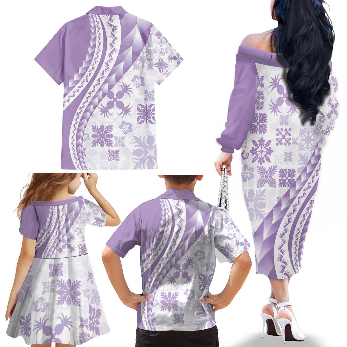 Purple Hawaiian Quilt Pattern Family Matching Off The Shoulder Long Sleeve Dress and Hawaiian Shirt Mixed Polynesian Tribal Arty LT9 - Polynesian Pride