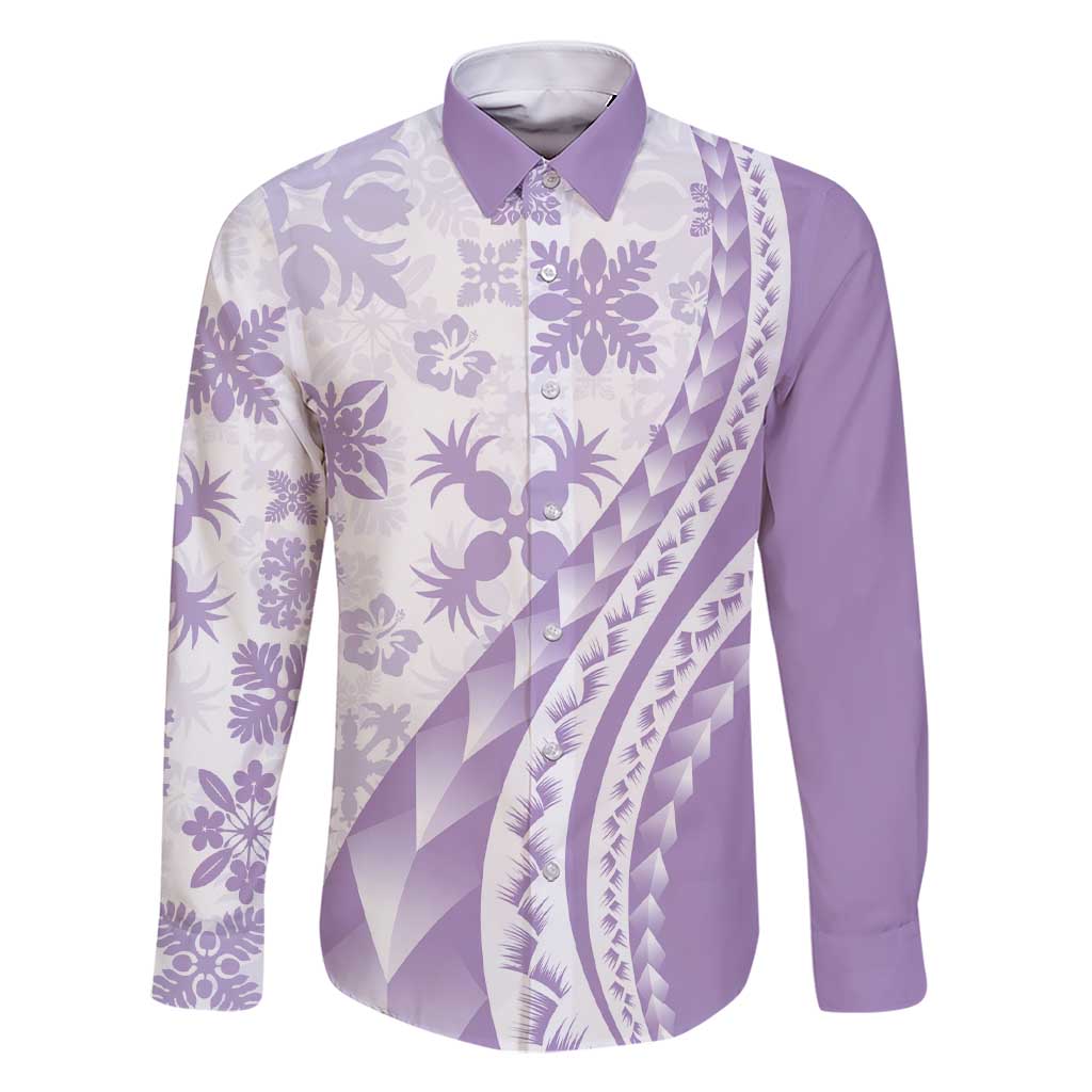 Purple Hawaiian Quilt Pattern Family Matching Short Sleeve Bodycon Dress and Hawaiian Shirt Mixed Polynesian Tribal Arty LT9 Dad's Shirt - Long Sleeve Purple - Polynesian Pride