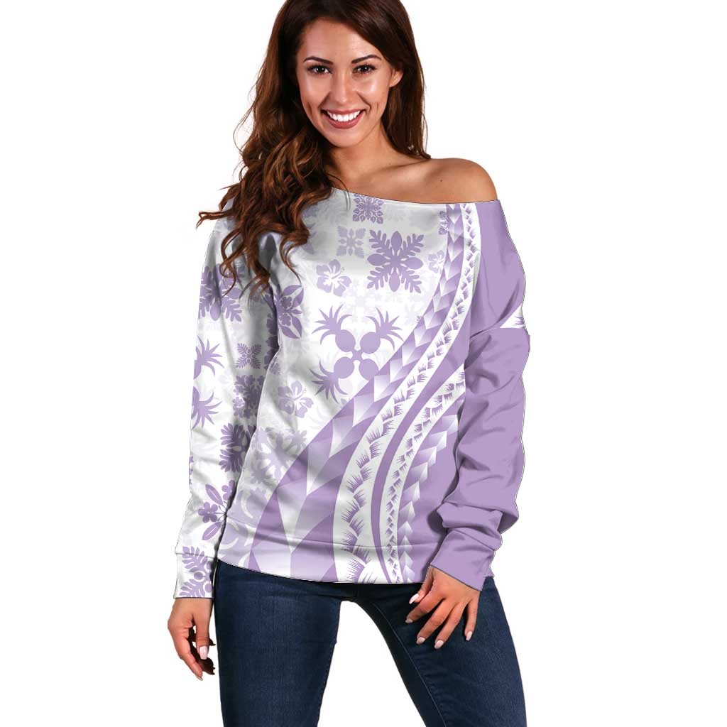 Purple Hawaiian Quilt Pattern Off Shoulder Sweater Mixed Polynesian Tribal Arty