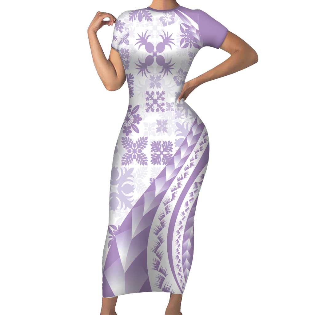 Purple Hawaiian Quilt Pattern Short Sleeve Bodycon Dress Mixed Polynesian Tribal Arty