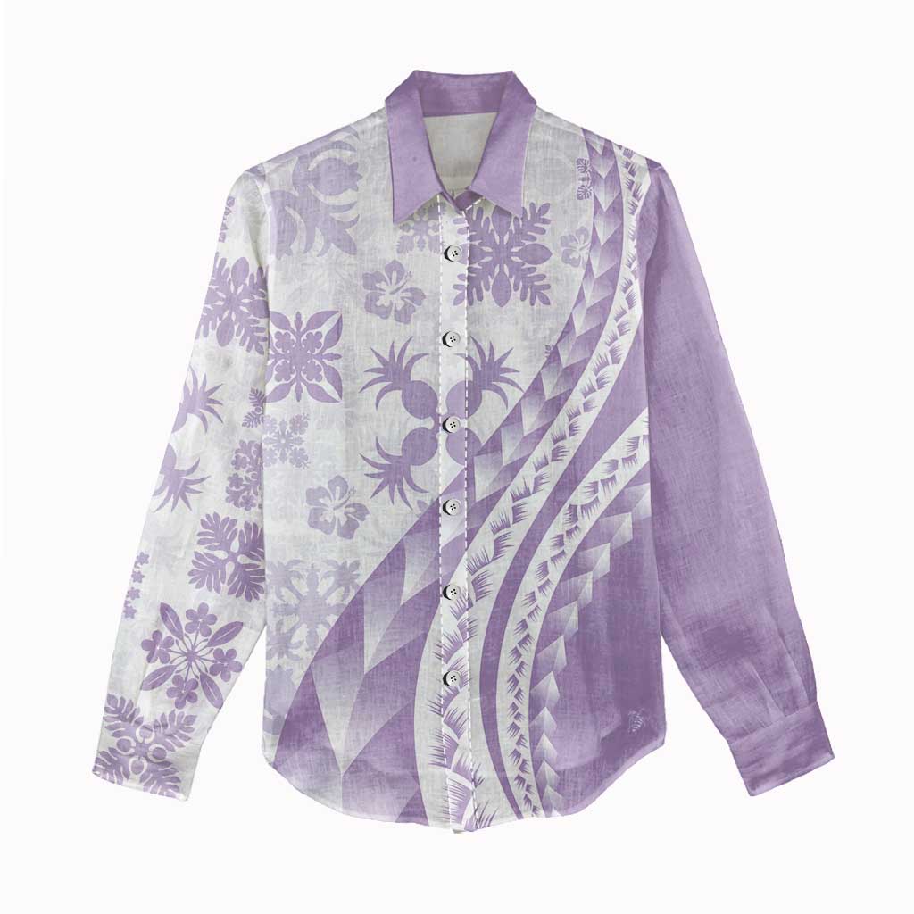 Purple Hawaiian Quilt Pattern Women Casual Shirt Mixed Polynesian Tribal Arty LT9 - Polynesian Pride