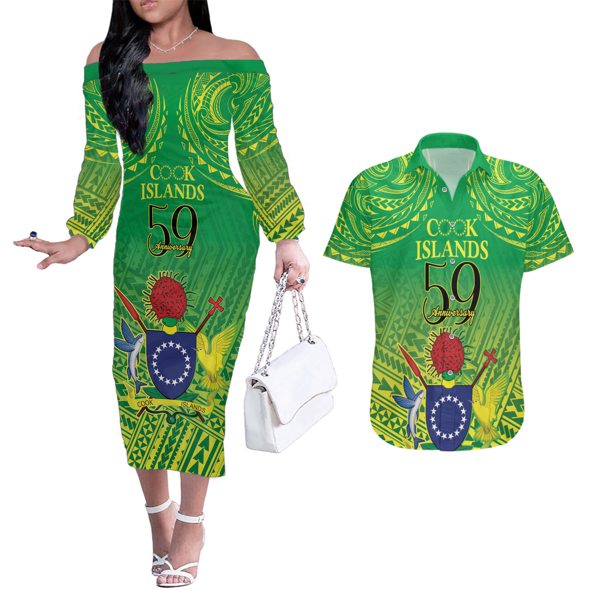 Cook Islands Constitution Day Couples Matching Off The Shoulder Long Sleeve Dress and Hawaiian Shirt Kuki Airani Since 1965