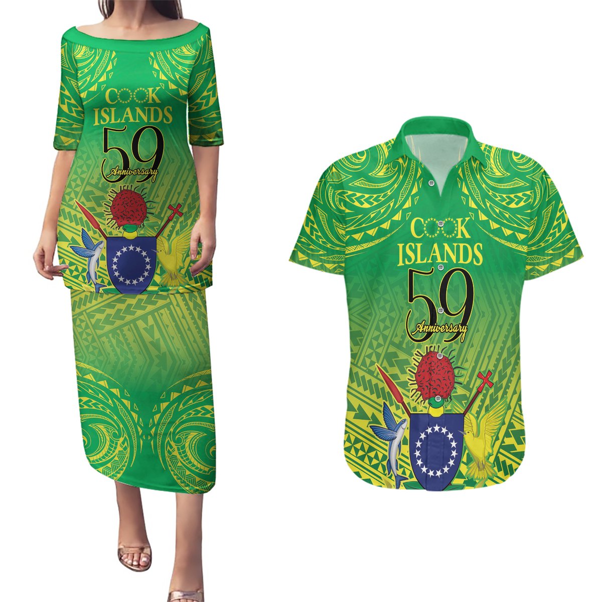 Cook Islands Constitution Day Couples Matching Puletasi and Hawaiian Shirt Kuki Airani Since 1965